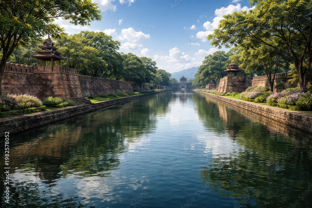 Fototapeta premium Scenic view of a tranquil river surrounded by lush greenery and ancient walls.