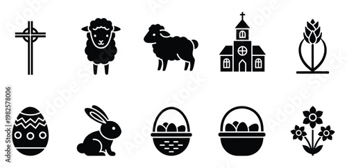 Collection of diverse Easter and Christian holiday symbols including crosses, lambs, church, eggs, bunnies, baskets, and spring flowers perfect for spiritual event invitations and seasonal