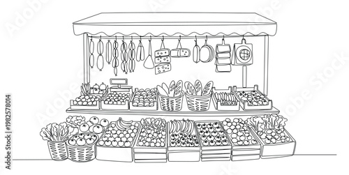 Continuous line drawing of a traditional market stand brimming with fresh organic fruits vegetables bread cheese and sausages perfect for grocery store promotions and healthy eating