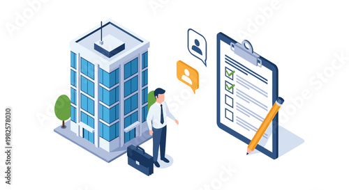 Professional candidate standing near office building while completing job application or business checklist on giant clipboard.