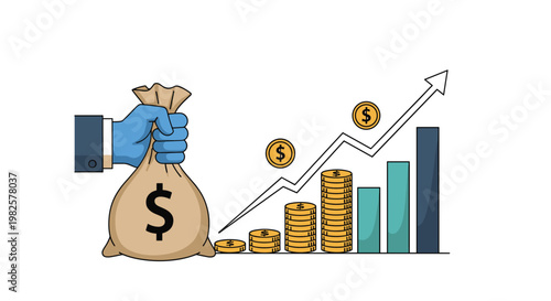Financial investment concept showing hand holding money bag with rising coins and statistical growth charts on white background.