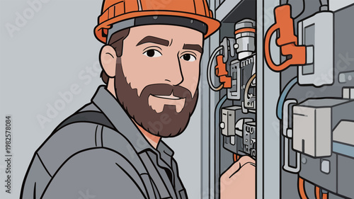 Male Electrician Working on Electrical Panel
