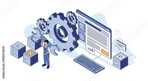 Technical professional performing website maintenance and system optimization with large gears and software interface elements.