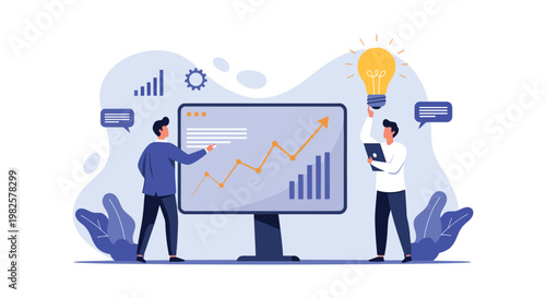 Creative team developing a business strategy for growth shown as a rising chart and a large glowing lightbulb for ideas.