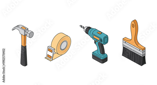 Collection of common home improvement tools including hammer, adhesive tape, power drill, and paintbrush for DIY projects.