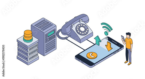 Evolution of communication technology from vintage rotary phones and servers to modern smartphones and wireless signals.
