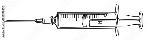 Essential line art depiction of a classic medical syringe featuring a needle, calibrated barrel, and plunger, ideal for healthcare instructional materials, scientific publications, and
