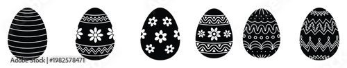 Set of decorated black and white Easter eggs with various ornamental patterns for holiday greetings, spring events, and celebratory marketing materials.