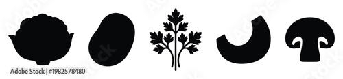 Various vegetable and herb black silhouettes including cauliflower potato parsley and mushroom ideal for cooking guides culinary presentations or educational nutrition resources