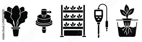 Hydroponic farming and vertical gardening equipment with plant cultivation icons representing modern agricultural technology and sustainable indoor growing systems for business and education