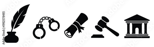 Collection of legal and academic symbols including quill pen, handcuffs, rolled diploma, judge gavel, and courthouse building for justice concepts