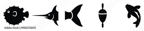 Collection of various black silhouette fishing related icons including pufferfish, marlin, fishing float, and koi fish, perfect for marine life projects and graphic emblems