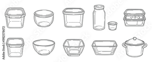 Diverse assortment of empty kitchen food storage containers, various glass bowls, jars, and a cooking pot, ideal for showcasing meal preparation, pantry organization, and culinary essentials