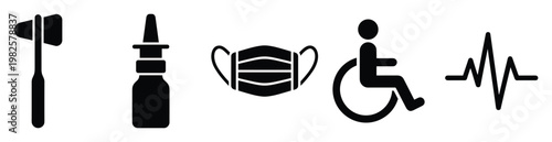 Essential healthcare and medical icons featuring a reflex hammer, nasal spray, protective face mask, wheelchair accessibility symbol, and dynamic heartbeat line for various health