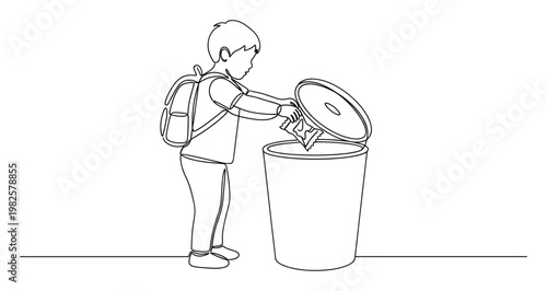 Young student demonstrating environmental responsibility by disposing of waste in a dustbin, ideal for promoting cleanliness and sustainable practices in learning resources.