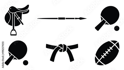 Set of sports and activity symbols featuring saddle, javelin, table tennis, martial arts belt, and football for athletic events and fitness related graphical requirements