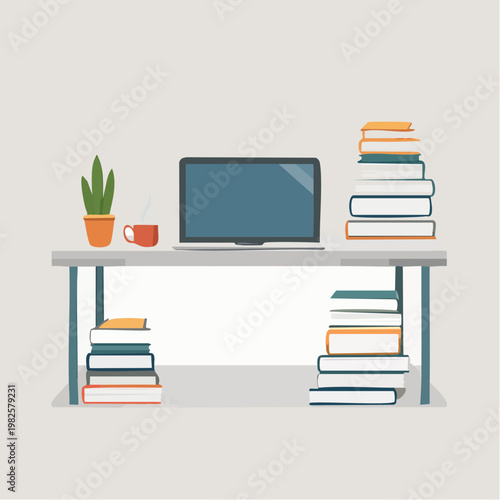 Organized Desk Scene with Laptop, Stacks of Books, and Green Plant, Ideal for Focused Remote Work or Study Sessions