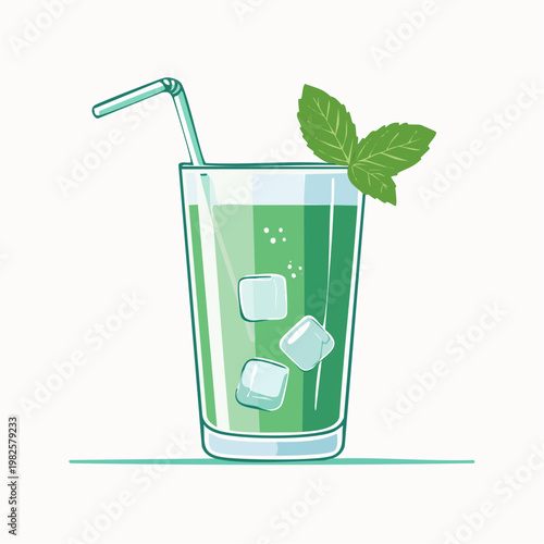 Refreshing Green Mint Drink with Ice and Straw