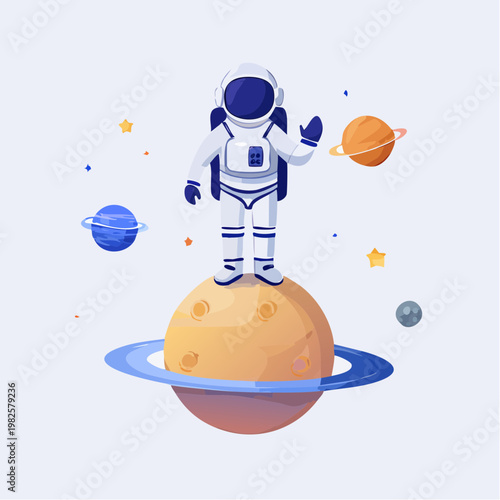 Whimsical Astronaut Character Explores the Vastness of the Cosmos, Standing on a Ringed Planet in Space