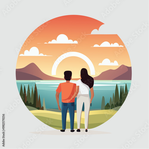 Romantic couple watching a vibrant sunset over a calm lake, embracing peaceful togetherness amidst beautiful mountains and nature's serenity