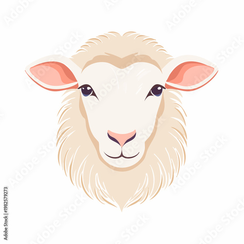 Vector illustration of a cute fluffy sheep face with gentle eyes and pink ears