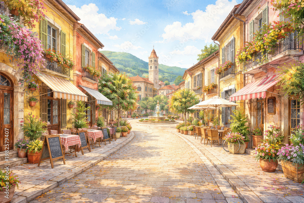 Fototapeta premium Charming street scene with colorful buildings and a fountain.