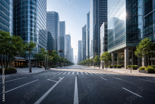 A modern city street lined with skyscrapers and greenery.