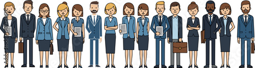 Diverse Business Team in Blue Suits, Professional Workers with Briefcases and Documents for Corporate, Office, and Teamwork Designs