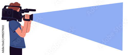 Flat vector illustration of a cameraman recording while projecting an abstract waveform signal beam. isolated on clean background, ideal for technology, broadcasting, and digital media themes.