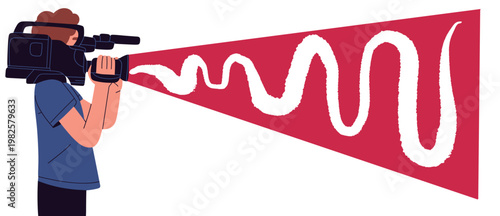 Flat vector illustration of a cameraman recording while projecting an abstract waveform signal beam. isolated on clean background, ideal for technology, broadcasting, and digital media themes.