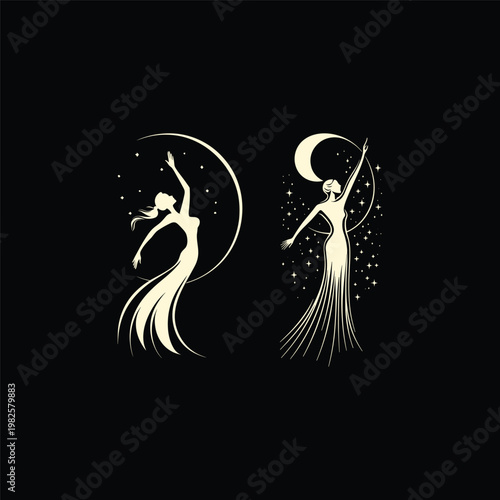 illustration of a woman in a flowing gown reaching up towards a starry sky inside a large circular moon or frame