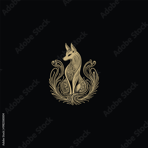 Vintage fox illustration in elegant gold engraving style with ornate floral damask elements