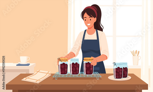 A woman preparing and sealing homemade fruit jam in glass jars on a kitchen table