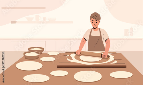 A man rolling dough into round flatbreads on a wooden table in a home kitchen