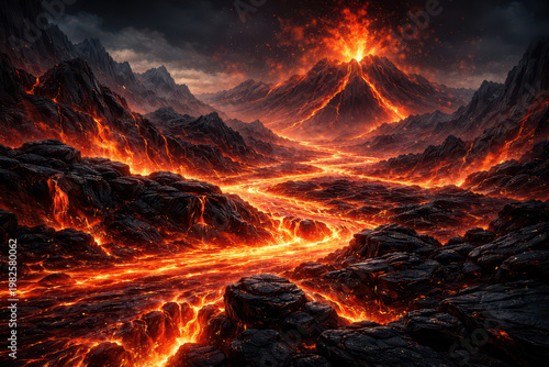 A dramatic volcanic landscape with flowing lava and dark rocky terrain.