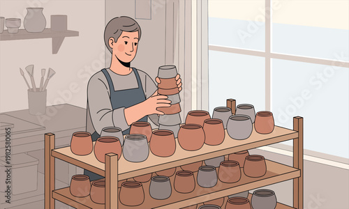 A Potter carefully arranging freshly crafted clay pots on a wooden shelf inside a workshop