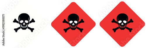 Set of Hazardous Skull and Crossbones Warning Symbols in Red and Black for Toxic, Dangerous, and Safety Label Designs