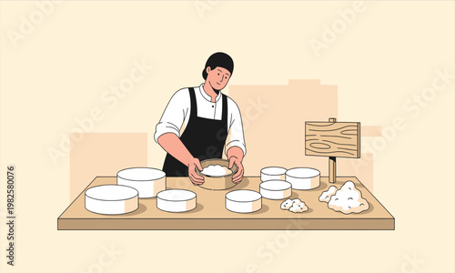 A person shaping and molding fresh cheese using round molds on a worktable