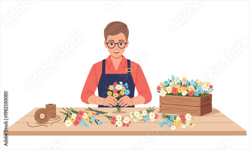 A florist carefully arranging a colorful bouquet on a wooden table