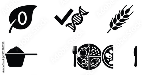 Comprehensive black glyph icons representing healthy eating, balanced nutrition, organic ingredients, GMOfree food, dietary measurement, and meal preparation for health and wellness
