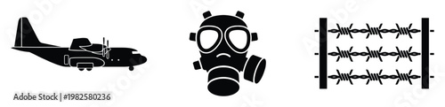 Essential graphic resource featuring military aircraft, gas mask, and barbed wire symbols representing defense, security, and conflict for various design applications