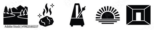 Collection of diverse black glyph icons representing outdoor nature, burning fuel, musical timing, traditional oven baking, and interior room perspective, useful for various graphic projects