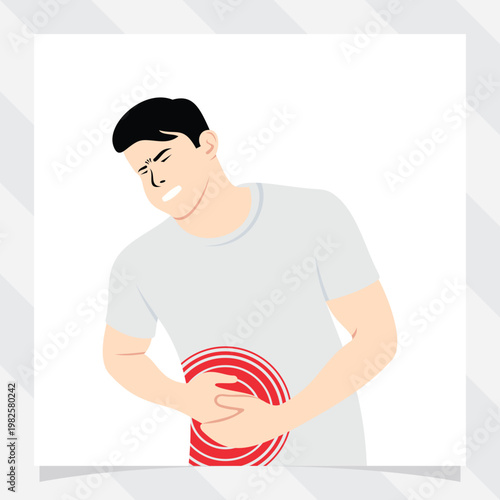illustration of a man holding his stomach because he feels pain. suffering from kidney disease vector illustration. diseases and health problems.