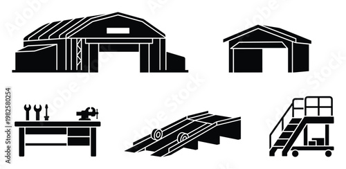 Collection of black silhouettes representing workshop and garage buildings along with maintenance equipment for industrial and automotive service icons