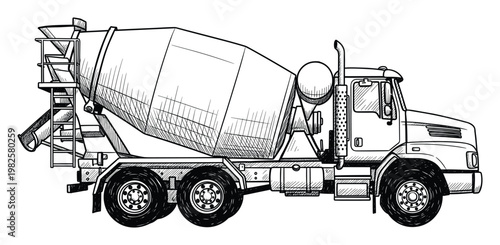 Detailed black and white sketch of a heavy duty cement mixer truck providing essential construction services and infrastructure development for modern building projects