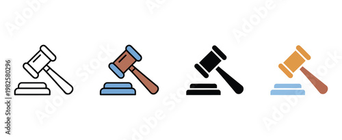 Gavel icon vector, judge hammer symbol for justice, legal system, court proceedings, and law firm set, minimalist flat vector icon suitable for judiciary systems