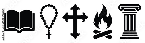 A versatile collection of symbolic icons including an open book, rosary, decorative cross, campfire, and classical column for various conceptual and educational design projects