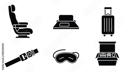 Airplane travel items icon set showcasing passenger seat, seatbelt, sleep mask, tray table, baggage, and meal box for airline services and tourism marketing materials