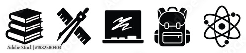 Essential set of school and education icons with books, geometry tools, chalkboard, backpack, and atom symbol ideal for academic content and learning related graphic design projects