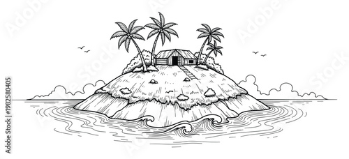 Hand drawn outline sketch of a small tropical island with a rustic hut and palm trees surrounded by ocean waves, perfect for travel adventure or vacation themed projects and storybook